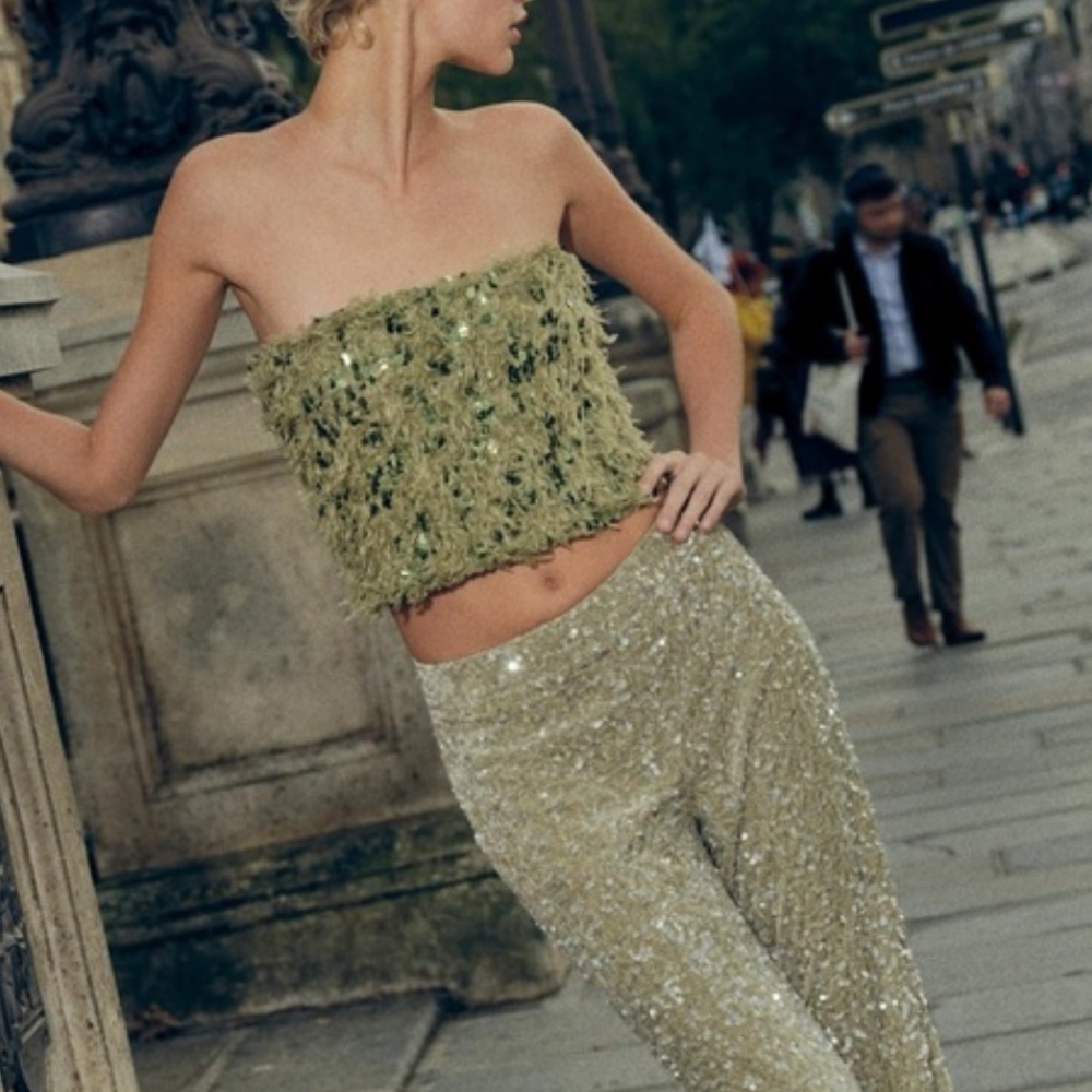 Zara - Green Sequin & Feather Tube Top